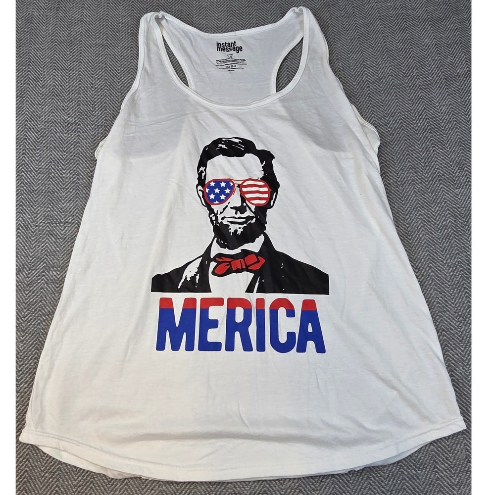Instant Message Merica Abraham Lincoln Patriotic Racerback Tank Top White LG